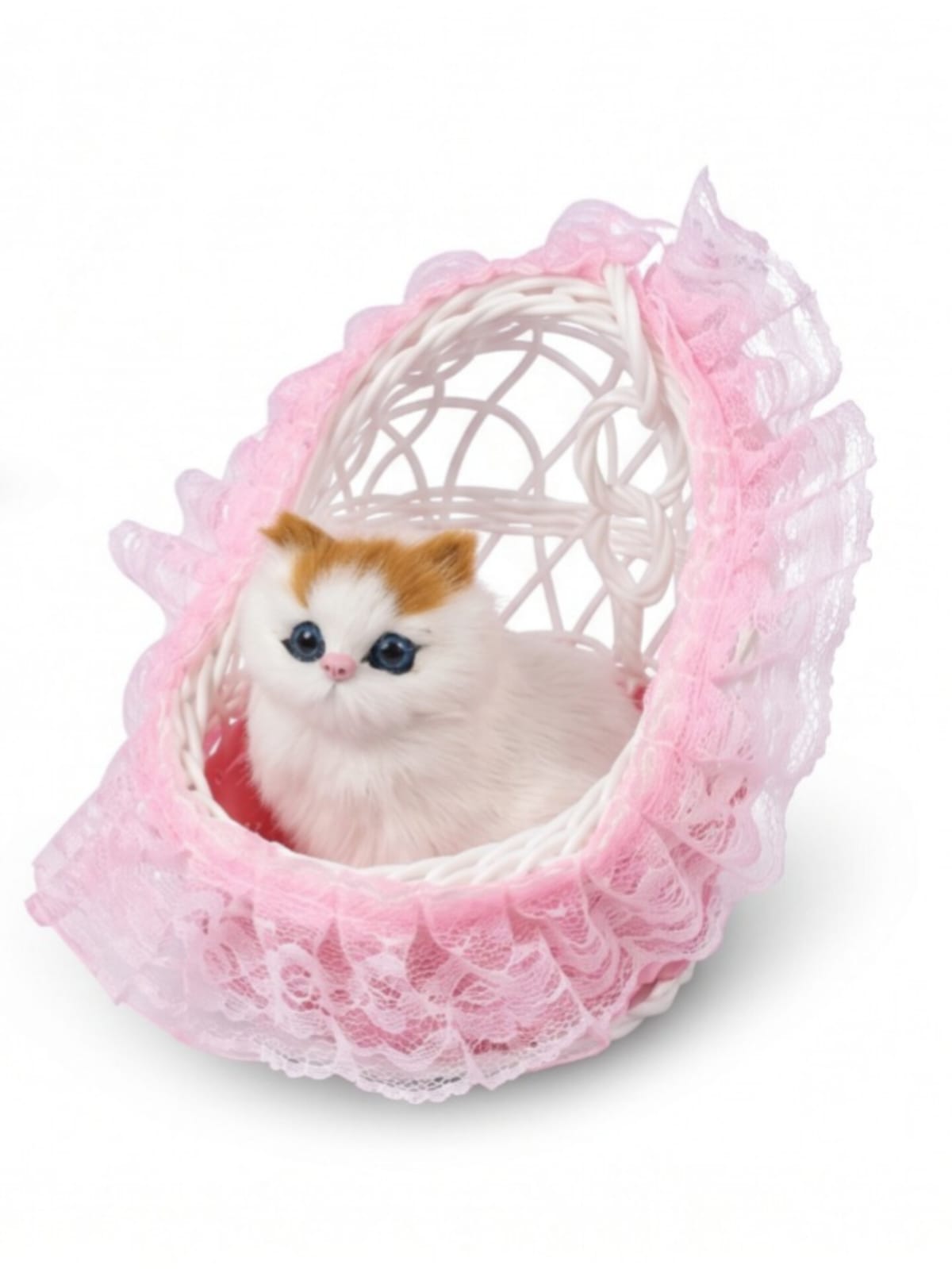 Cute Mini Plush Kitten in Hanging Basket Showpiece (Pink Lace)