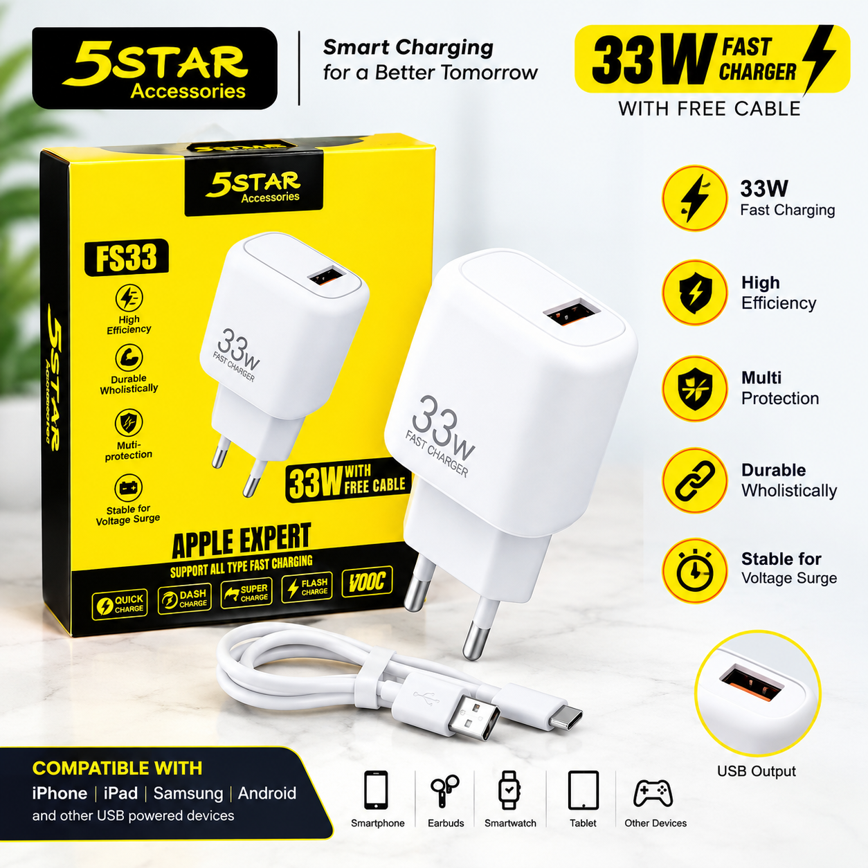 5STAR FS33 33W Fast Charger with Free Cable (Original product with Guaranty)