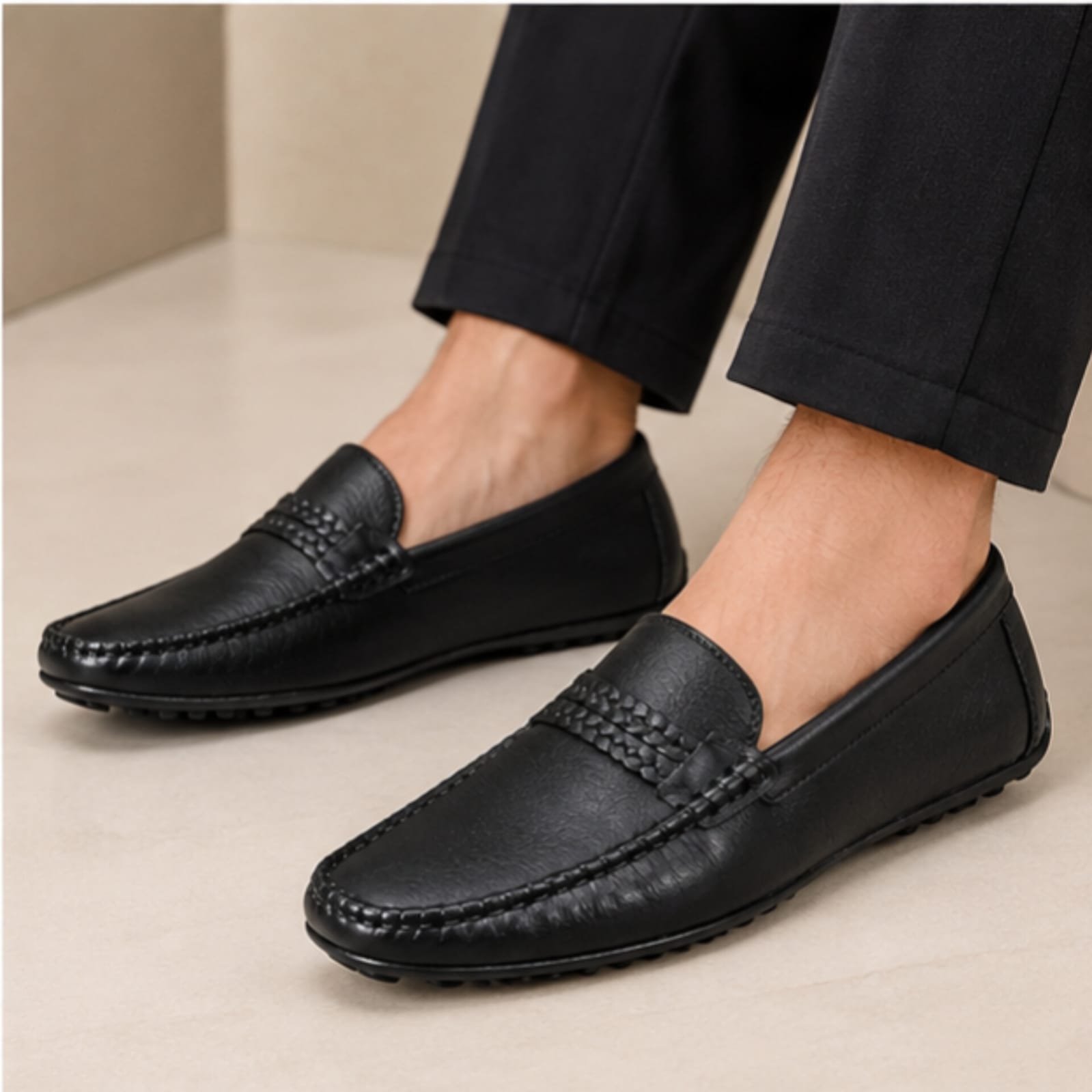 Lasocki Premium Genuine Leather Braided Slip-On Loafers for Men